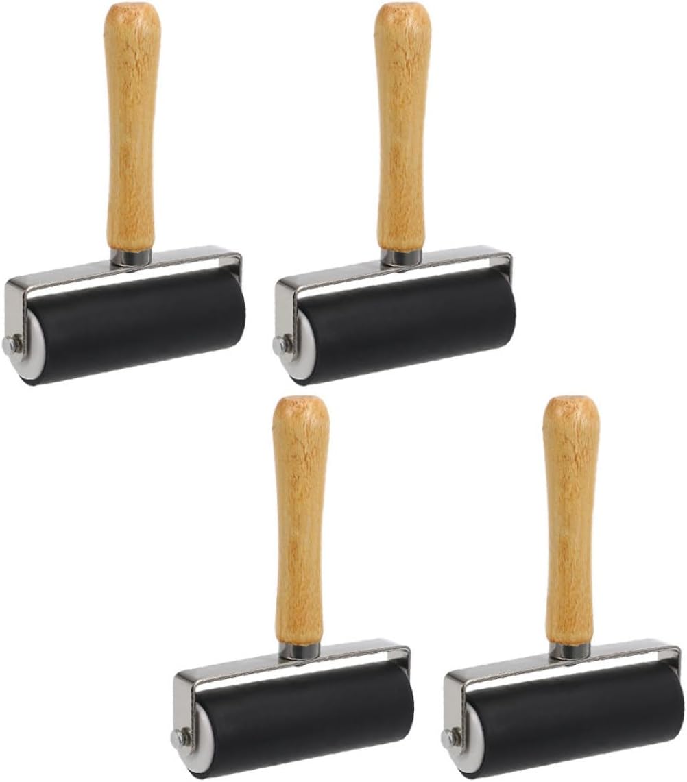 TOKIDNY 4pcs Black 10cm Printmaking Roller Set with Wood Handle, Rubber Ink Applicator for Block Printing and Painting Crafts in Art Supplies