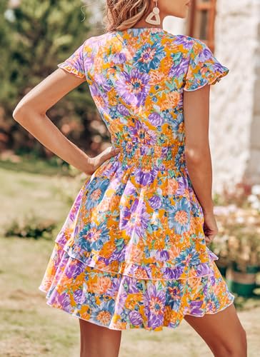 PRETTYGARDEN Women Summer Mini Short Dress 2025 Short Sleeve Casual Beach Vacation Sundress V Neck Tiered Sun Dresses