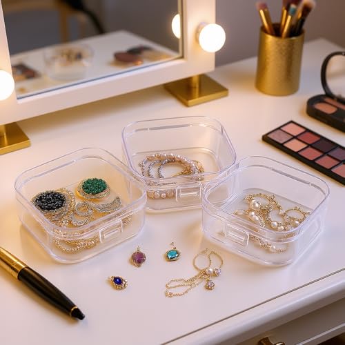 Image of 12 Pieces Square Empty Mini Clear Plastic Storage Box, 3.54x3.54x1.5 inch | Hinged Lids, For Small Items, Craft Projects