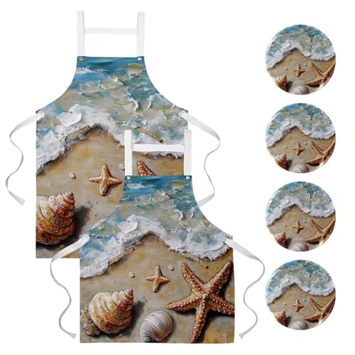 Tablier de cuisine lot de 2 avec motifs marins colorés et 4 broches incluses