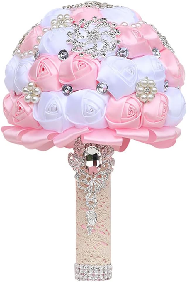 Sharebeauty 7.9 Inch Handmade Satin Rose Bridal Bouquet Toss Round Wedding Bouquet Throw Toss Artificial Flower Bunch Pink + White