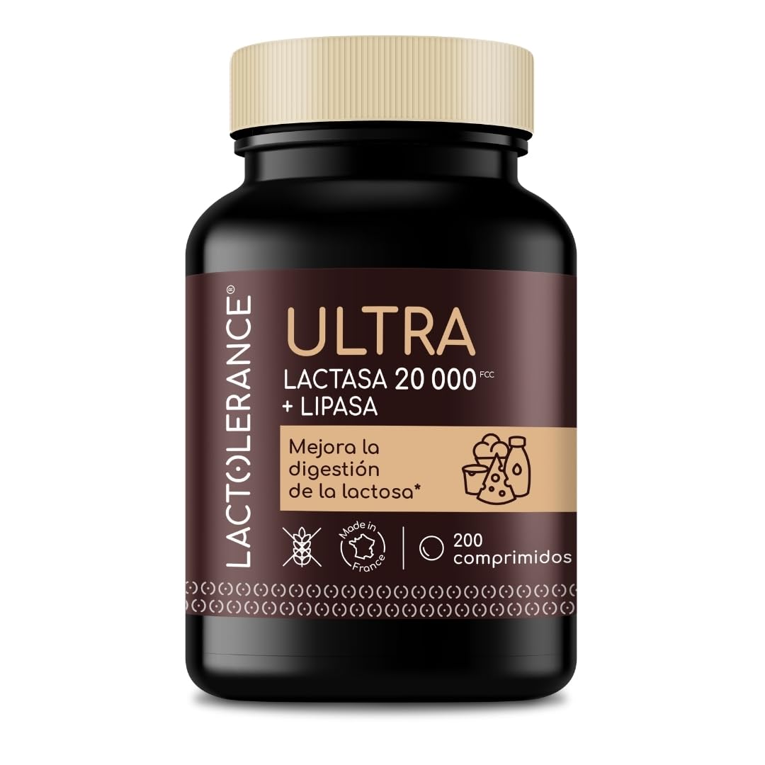 LACTOLERANCE ULTRA Lactasa 20.000 FCC, Lipasa 500 UI, 200 Pastillas | Doble acción sobre lactosa y grasas. Efecto inmediato. Enzimas digestivas. Formato ahorro. Sin sabor. Fabricado en Francia.