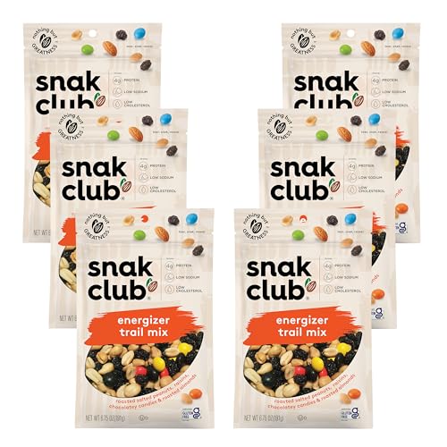 Snak Club Energizer Trail Mix with Roasted Salted Peanuts, Raisins, Chocolatey Candies, Roasted Almonds, Gluten-Free and Kosher Snack, 6.75 oz Resealable Bags, 6 Pack