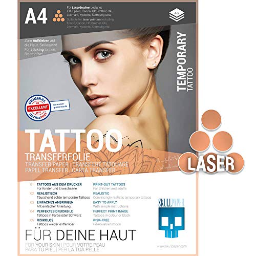SKULLPAPER® temporäre Tattoo-Transferfolie FÜR DIE HAUT - SEHR GUT getestet - für Laserdrucker (A4-4 Blatt) Cover