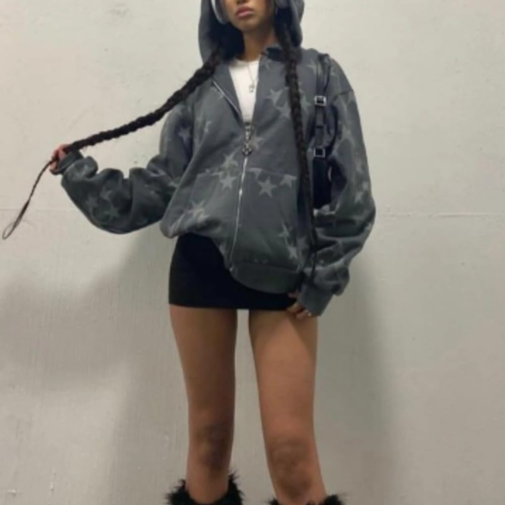 Harajuku Oversized Y2k Hoodie Star Graphic Zip Up Matching Couple Streetwear Grunge Clothes Aesthetic Jacket - Image 3