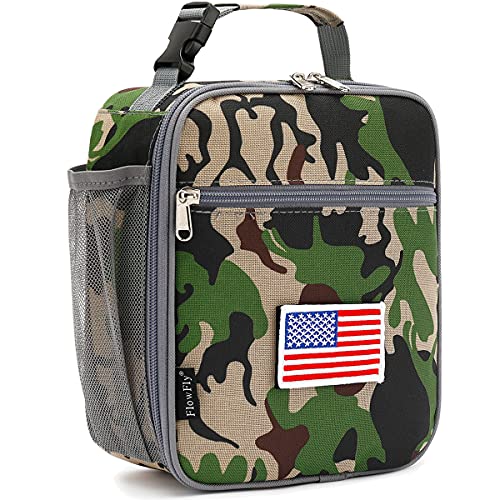 FlowFly Kids Lunch box Insulated Soft Bag Mini Cooler Back to School Thermal Meal Tote Kit for Girls, Boys, Forest Camo with Flag