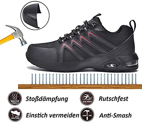 Foto von SUADEX Arbeitsschuhe Herren Damen Leicht Sportlich Sicherheitsschuhe rutschfest Atmungsaktiv mit Stahlkappe, Schwarz 42 EU