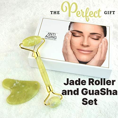 Jade Roller and Gua Sha Set – 2 in 1 Natural Facial Jade Roller and Gua Sha Facial Tool Massager for Anti-Aging, Wrinkles, Slimming, Scraping and Facial Therapy (Jade Roller for Face)