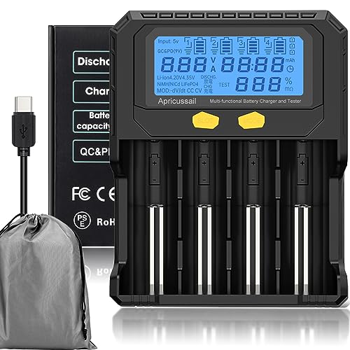 4-Slot Fast Battery Charger &Tester for 3.2V LiFPO4 3.7V Li-ion 1.2V Ni-MH/Ni-CD Batteries,LCD Displayer,Intelligent Identification,Safe Protection,Compatible with 18650 21700 AA AAA Batteries