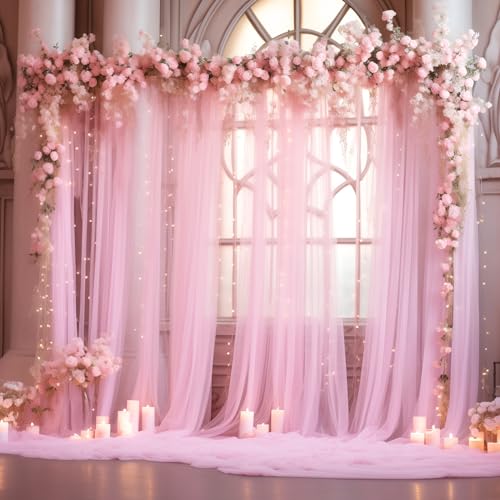 10x8ft Baby Pink Tulle Backdrop Curtain with Lights String for Parites, Sheer Photo Backdrop Drapes for Wedding Backdrop Ceremony Reception Bridal Shower Baby Shower Birthday Party