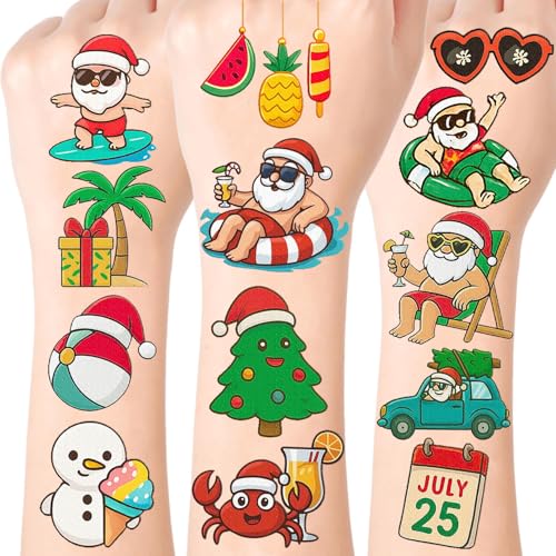 Christmas Xmas July Temporary Tattoos – 96+ Festive Fake Tattoos, Waterproof & Easy to Apply, Holiday Party Favors, Summer Santa Decorations & Supplies