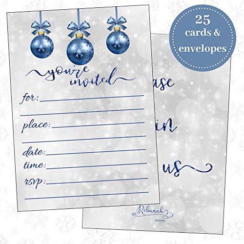 Christmas Party Invitations, Christmas Party Invites, Holiday Invitations, Classic Holiday Invites-Winter Open House Dinner Luncheon Party -Blue Ornament Fill In Style Cards (25 Count) With Envelopes #TOP3