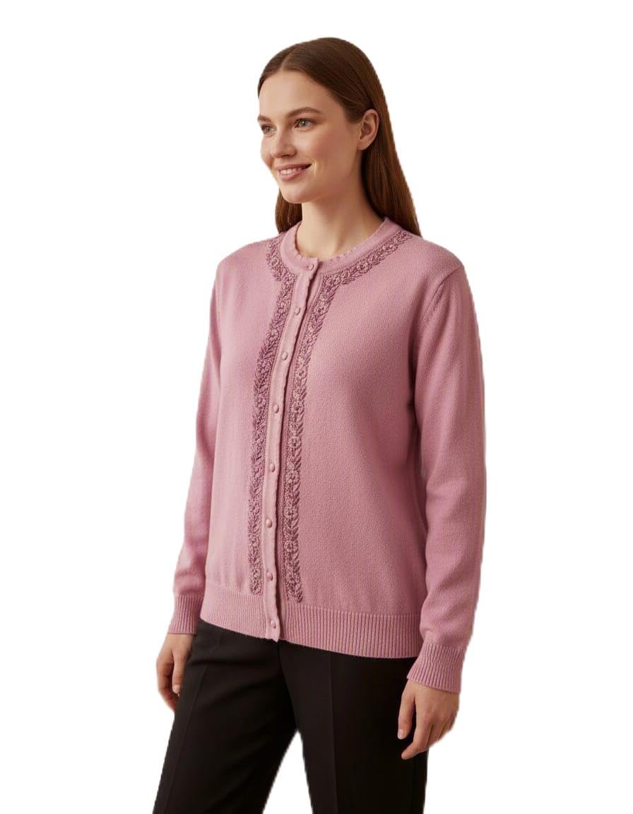 Women's Embroidered Cardigan for Winter, Warm Knit Sweater, Floral Designed Buttoned Front Open,Vislone, Modern Style (L Size) Pink-image-20