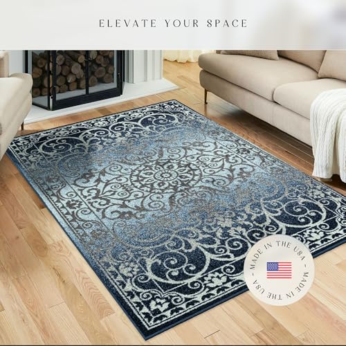 Maples Rugs Pelham Vintage Medallion Area Rugs - Made in USA - Low Pile, Non Slip, Pet-Friendly Mat for Bedroom, Office, Living & Dining Room, 5' x 7', Navy/Grey