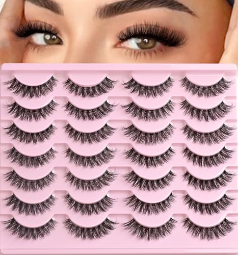 QUNETY False Lashes Wispy Fake Eyelashes Cat Eye Demi Wispies Eyelash Faux Mink Cateye Lashes 8-14mm 14 Pairs Fluffy Full Natural Pestaas Postizas for Women