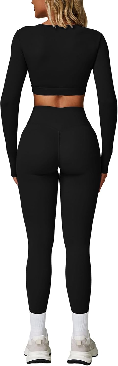 2 Piece Workout Sets for Women Seamless High Waist Flare Leggings Yoga Long Sleeve Cutout Crop Tops Athletic Sets - Image 2