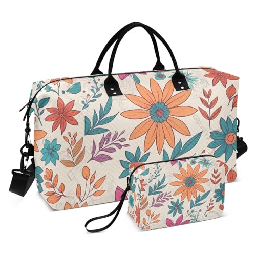 Large Travel Duffel Bag, Colorful Floral Sports Tote Gym Bag, Shoulder Weekender Overnight Bag for Women Men, Carry On Luggage with Toiletry Bags
