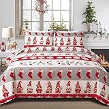 Smuge Christmas Bedspread Quilt Sets Queen Size - Reversible Snowflake Christmas Tree Stockings New Year Winter Holiday Coverlet Bed Set Red White Xmas Bedding Sets Bedroom Decor