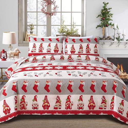 Smuge Christmas Bedspread Quilt Sets Queen Size - Reversible Snowflake Christmas Tree Stockings New Year Winter Holiday Coverlet Bed Set Red White Xmas Bedding Sets Bedroom Decor