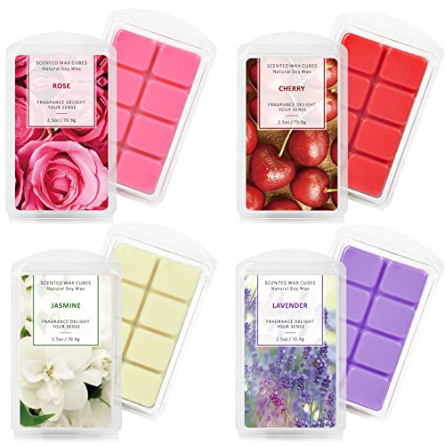 Scent-Hi Fondants de Cire Parfumés, Cubes de Cire de Soja Parfumés pour Chauffe-Ccire, Décor de la Saint-Valentin, 4 x 2,5 oz, Rose, Lavande, Jasmin, Cerise, 4 x 2,5 oz, Cadeau de Noël