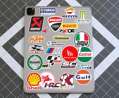 Image of WallDesign Moto Racing Sticker Set (62 Pcs) - Waterproof Laminated Vinyl Decals for Laptop, Helmet, Mobile & Bike Accessories - Durable Self-Adhesive Sticker Bomb Pack for Racing Fans, 2.5 Inch
