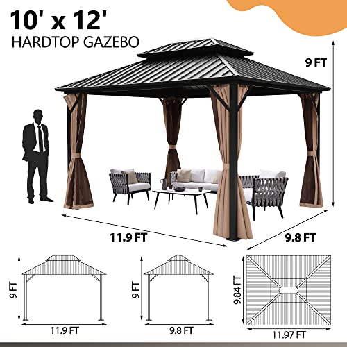Qzen 10' X 12' Patio Hardtop Gazebo, Double Ventilated Roof Metal Gazebo, Aluminum Frame Patio Gazebo With Netting And Curtains For Backyard, Garden, Lawn And Deck #TOP6