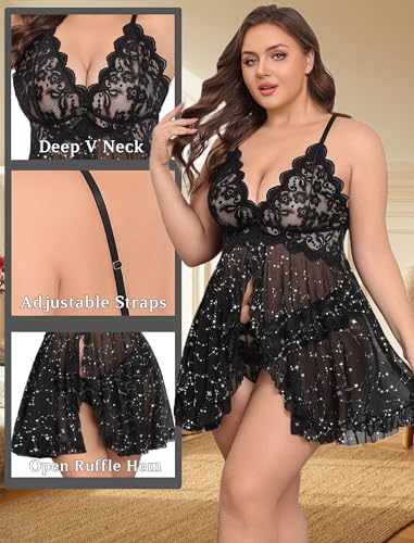 Image of Avidlove Plus Size Lingerie for Women Sexy Lingerie Dress Lace Babydoll Lingerie V-Neck Open Front Strap Nightdress