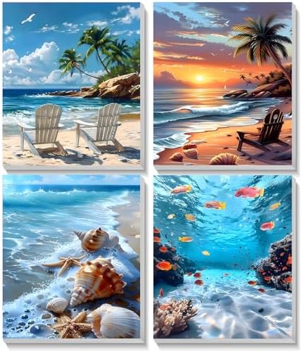 TOSTOG Seascapes 4 Pack Framed Canvas Painting by Numbers Art Kit for Adults and Kids, Beginner Acrylic Painting Supplies with Wooden Frame for Home Wall Decor 20 * 25 cm/8 * 10 in