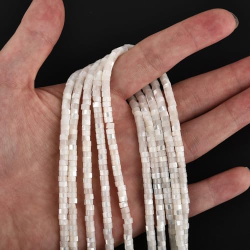 Image of HAAMIIQII Natural White Mother of Pearl Shell Beads 2x4mm Heishi Disc Shape Semi Precious Stone Loose Gemstone Beads for Jewelry Making Strand 15 Inch (160-165pcs)
