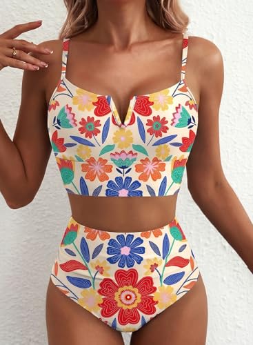 Herseas Women Bikini Sets 2 Piece Swim Suits High Waisted Tummy Control Swimsuit Push Up Adjustable Straps Bathing Suit Beach Outfits Summer Multicolor Floral Medium — view 5