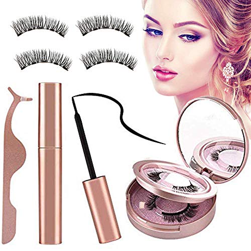Magnetic Eyeliner & Magnetic Eye lashes Kit, 2 Pairs 3D Reusable False Lashes with Tweezers and Mirror - No Glue Needed