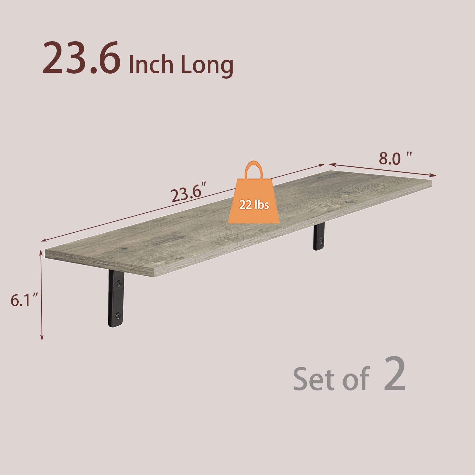 DINZI LVJ Juego de 2 estantes largos de pared de 23.6 pulgadas, fáciles de instalar, repisas de almacenamiento de pared con soportes de metal resistentes para sala de estar, baño, dormitorio, cocina,