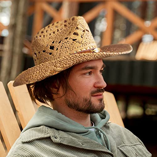 Rainflowwer Straw Cowboy Hat For Women, Sun Hat Men, Womens Beach Hat With Beaded Band (Khaki) #TOP4