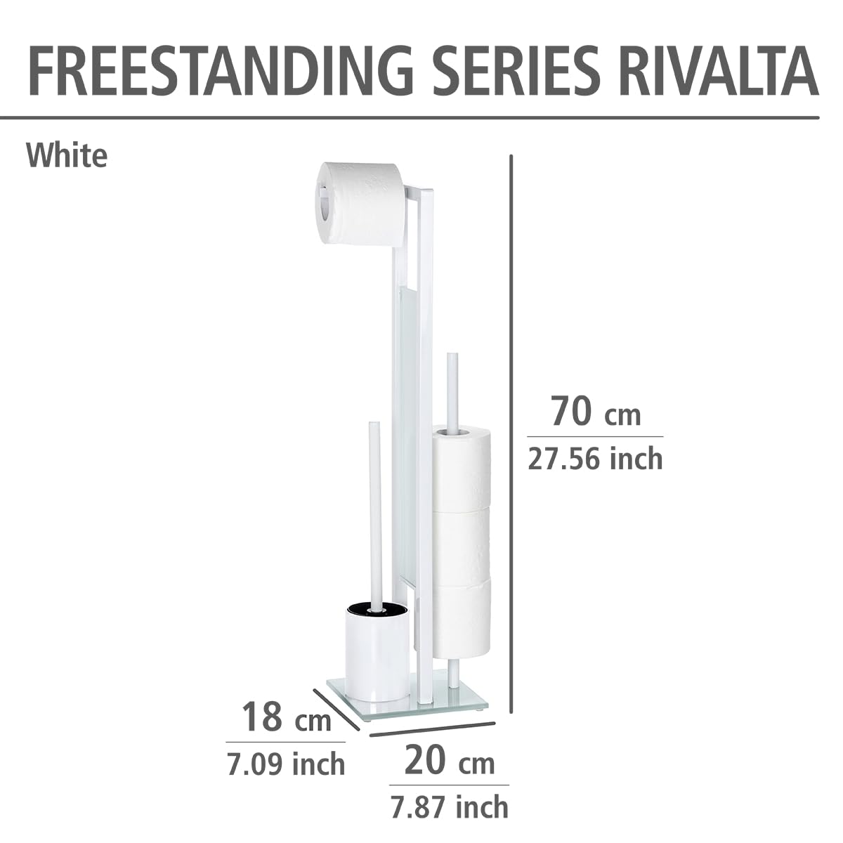 WENKO Combiné WC Rivalta | 3 en 1| Brosse WC et Dérouleur Papier Toilette | Stockage Papier | Tête de Brosse remplaçable | Acier INOX Blanc et Verre trempé| 18x70x23 cm | Blanc