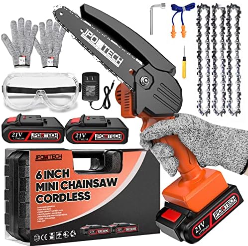 JPOWTECH Mini Chainsaw Cordless 6-Inch with 2 Batteries & Security Lock, Small Portable Handheld Electric Power Chain Saw for Gardening, Wood Cutting and Tree Trimming, Lightweight
