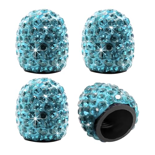 XJVSS 4 PCS Bling Car Tire Valve Stem Caps, Handmade Sparkling Rhinestone Auto Tire Air Caps, Universal Dustproof Crystal Tyre Valve Stem Covers for Cars Trucks Motorcycles Bikes (Lake Blue)