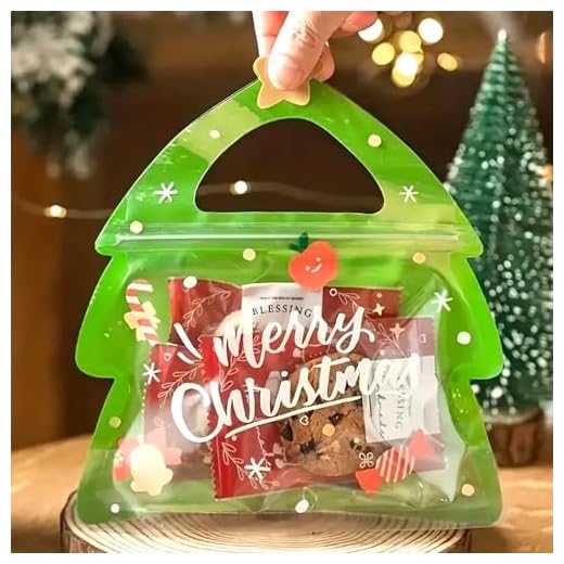 IPEWOEF 10Pcs Christmas Plastic Bags Small Christmas Gift Bags Bulk Holiday Gift Bags Christmas Snack Bags Goodie Bag for Kids Candy Cookie Goody Chocolate Christmas Wrapping Bags