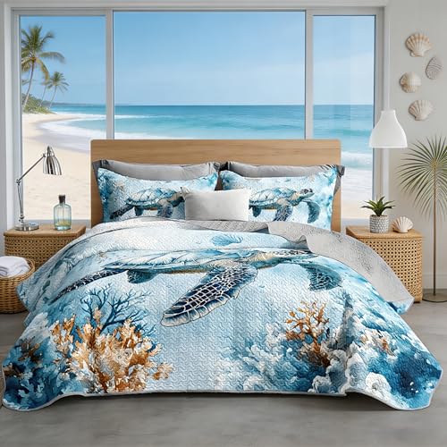 UEVBF Coastal Bedding Quilt Sets King Size,Summer Blue Sea Turtles