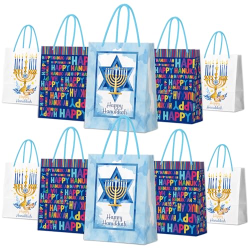 Image of WEEPA 10 Pcs Hanukkah Gift Bags Assorted Size Bulk Chanukah Gift Bags with Handle Hanukkah Party Favor Bags