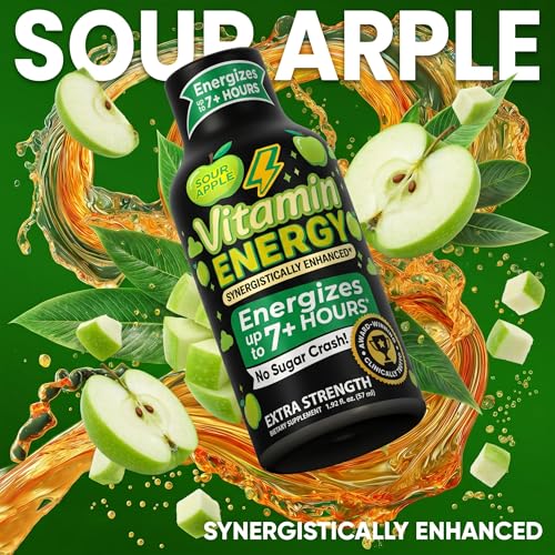 Image of Vitamin Energy Sour Apple Extra Strength Energy Shot, 12 Pack - Up to 7 Hrs, 260mg Natural Caffeine, Zero Sugar - Beta-Alanine + Electrolytes, Workout Support, B12 B6 Niacin, 1.93 fl oz, Keto Vegan