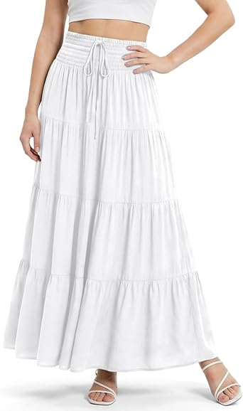 Long Skirts for Women, Flowy Elasticated Waist Pleated A Line Skirts with Drawstring, Casual Comfy Boho Women 2in 1 Skirt High Waist Maxi Skirt for Beach Daily Travel Vacation, One Size