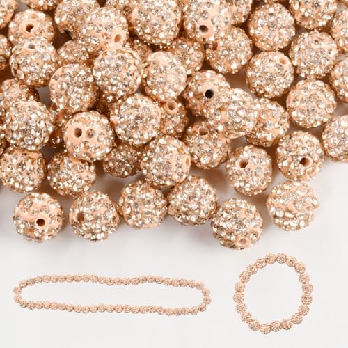 200pcs 10mm Rhinestone Clay Beads for Crafting - Ice Collection Baseball Bling Style, Round Shamballa Disco Ball Design, Fancy Sparkle for DIY Necklace Jewelry Making Christmas Decor (Gold Champagne)