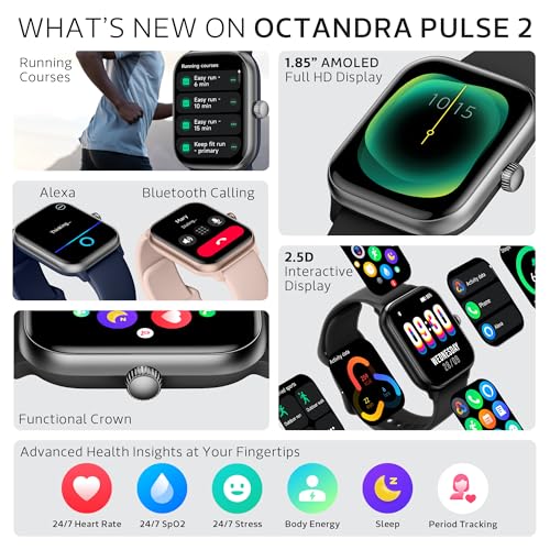 Image of OCTANDRA Pulse 2 VeryFit 1.85 inch AMOLED Smart Watch - Bluetooth Answer Call Alexa Body Energy Heart Rate Oxygen Saturation Sleep Monitor Step Tracker - IP68 Fitness Watches for Men Women (GTX10) (Black)