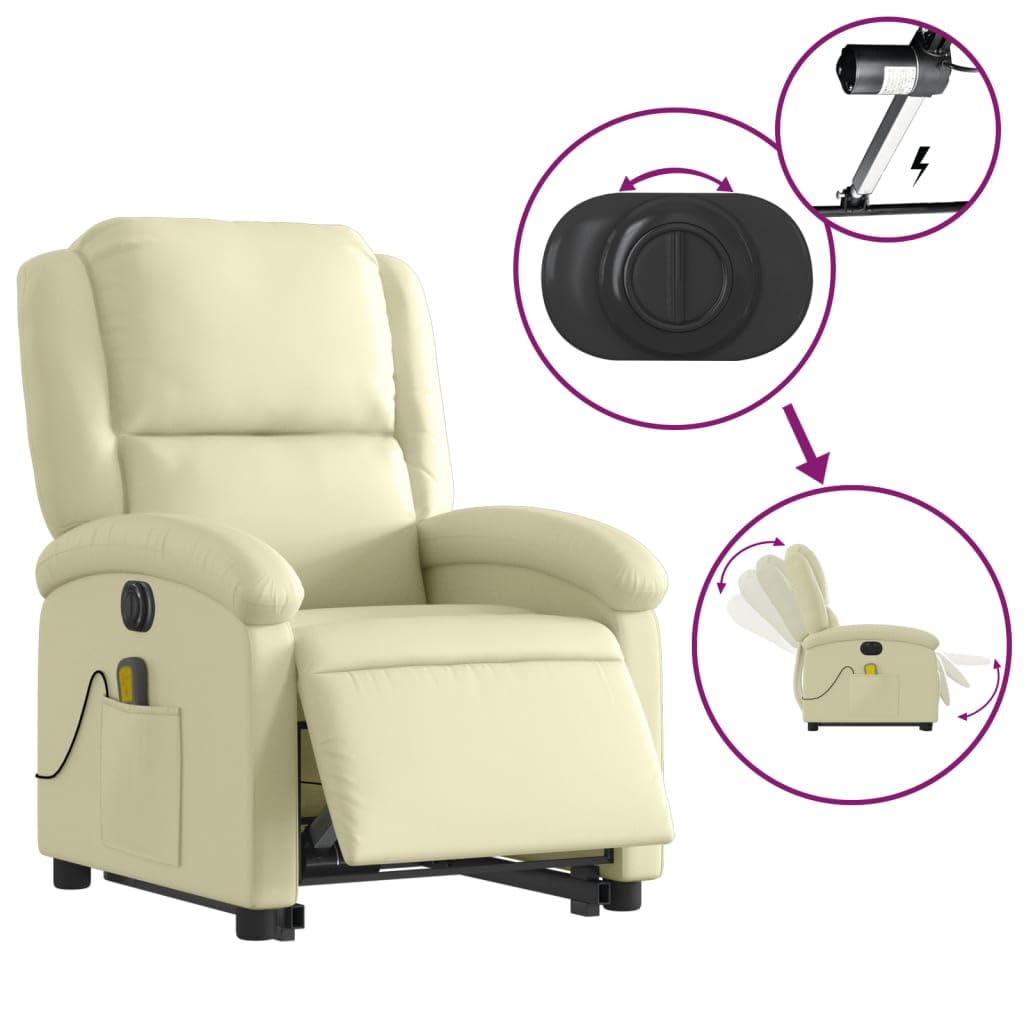 Massagesessel elektrisch mit Aufstehhilfe in Creme Echtleder, 6-Punkt Vibrationsmassage, verstellbare Rückenlehne bis 135 Grad, mit Holz-Metall-Gestell, Seitentasche für Fernbedienung