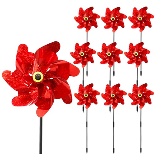 10PCS Red Pinwheels Outdoor Wind Spinners Garden Pinwheel Reflective Pin Wheel Windmills Sparkly Scare Birds Animal Away Spinner Christmas Yards Garden Decor