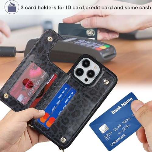 Ｈａｖａｙａ Crossbody Phone case for iPhone 14 Pro case with Strap for Women iPhone 14 Pro case with Card Holder iPhone 14 Pro Leather Wallet Cover with Credit Card Slot-Black Leopard Print - Thumbnail 2