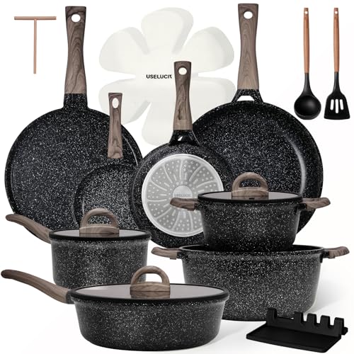 Image of USELUCK 22-Piece Ceramic Cookware Set with Utensils, Pots and Pans Set | PFAS-Free Non-Toxic Healthy Cooking Set, Even Heating, Easy to Clean, Induction Compatible, Black