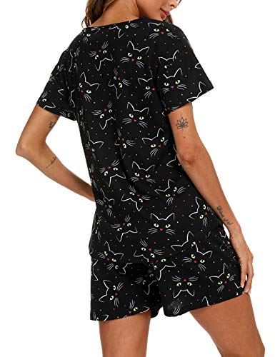Enjoynight Women's Cute Sleepwear Print Tee And Shorts Pajama Set (Medium, Black Cat) #TOP5