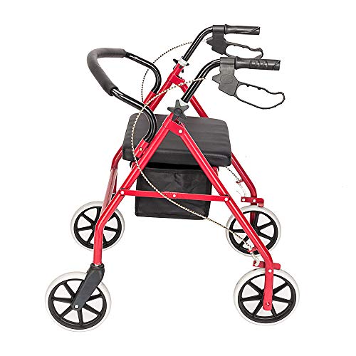 Folding Heavy Duty Rollator Walker with 8 Wheels & Padded Seat - Adjustable Height Mobility Aid for Elderly - Indoor & Outdoor Use (Red and Black)