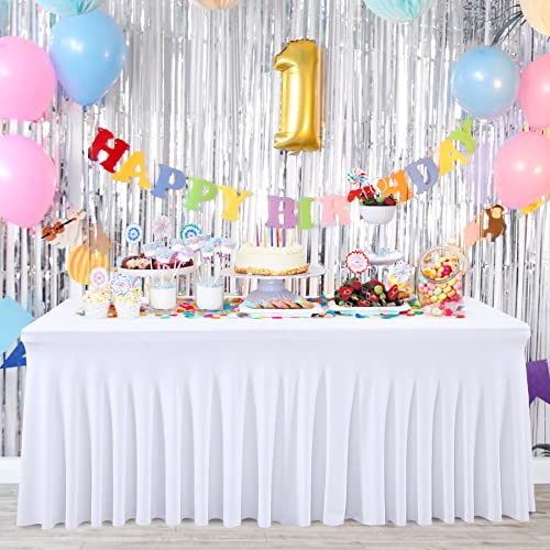 Image of Besutolife White Tablecloths for Rectangle Tables 8ft Spandex Table Skirt One-Piece Wrinkle-Resistant Ruffles Design for Banquets Parties Wedding Dining Table